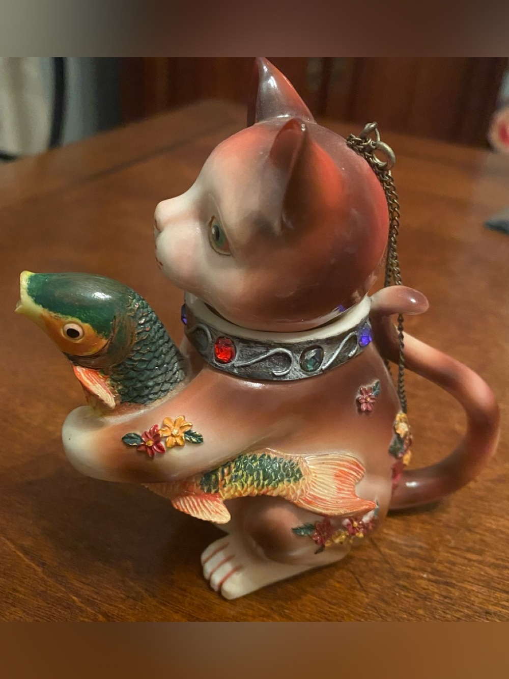 Vintage NiNi Cat Holding Fish TeaPot Trinket Box